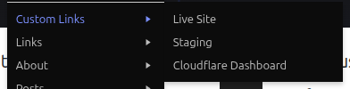 BreakNav admin bar Custom Links submenu with custom URLs populated