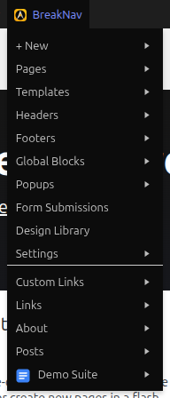 BreakNav admin bar dropdown showing all sections expanded