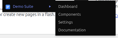Third-party integration section rendered inside the BreakNav admin-bar dropdown, showing Demo Suite with 4 child links and a 16x16 icon