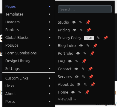 BreakNav admin bar Pages submenu with a pinned item and search input