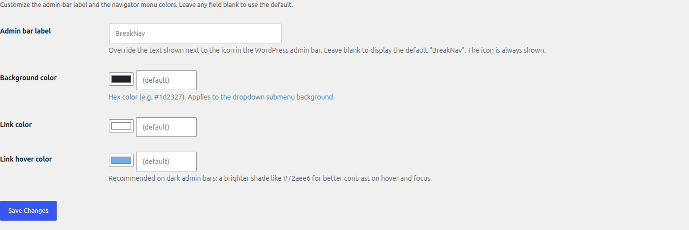 BreakNav settings Design tab with admin bar label input and three color picker fields for background, link, and hover colors