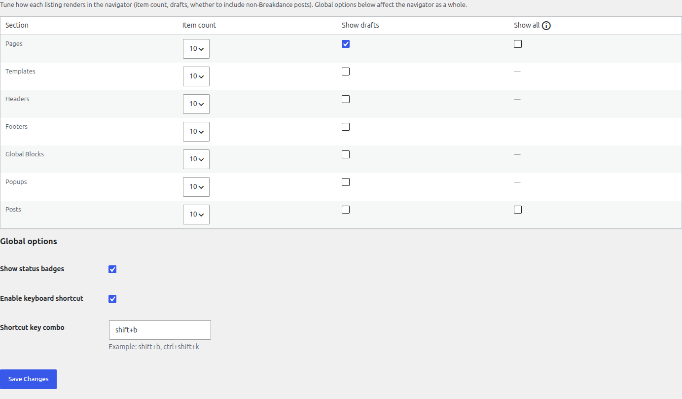 BreakNav settings Display tab with item count selector, show drafts toggle, and keyboard shortcut configuration